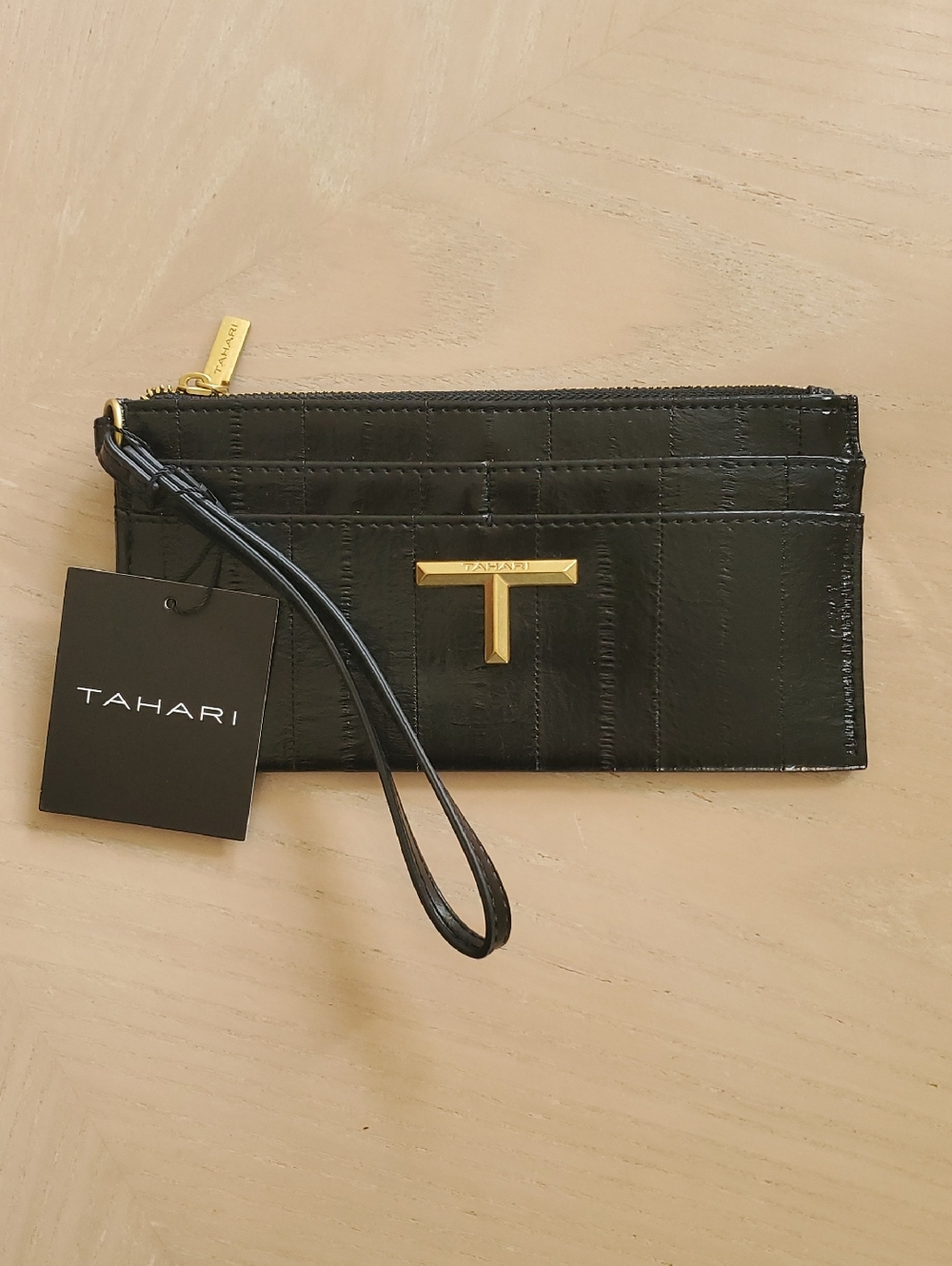 Tahari Black Patent Leather Wristlet with Gold Accents